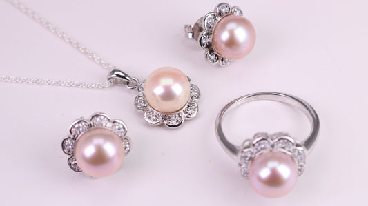 Natural Pearl and Cubic Zirconia set Necklace, Ring and Matching Earrings, set in Solid Silver