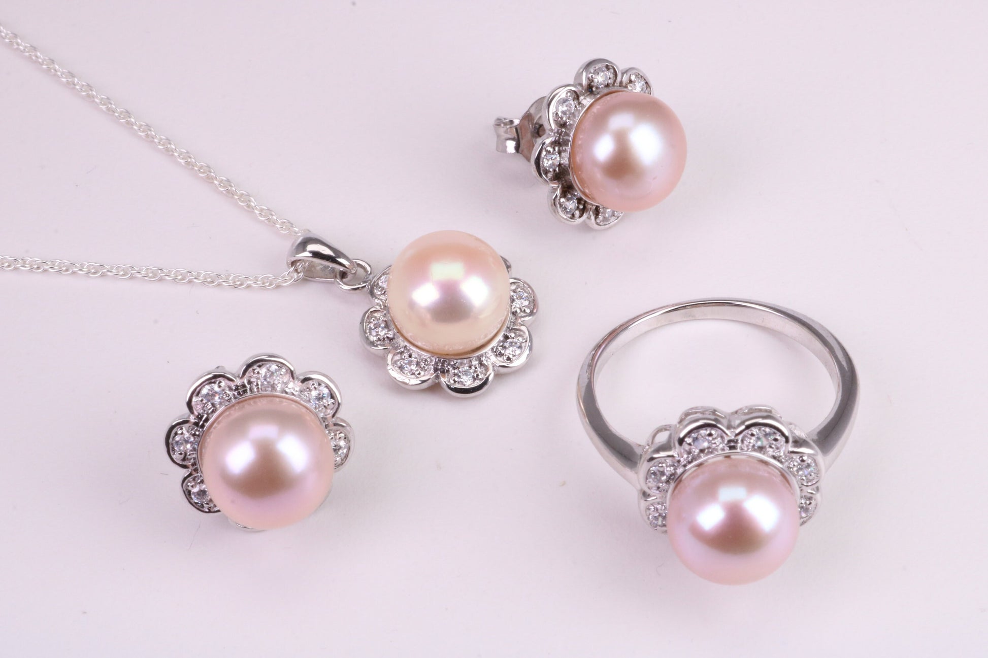 Natural Pearl and Cubic Zirconia set Necklace, Ring and Matching Earrings, set in Solid Silver