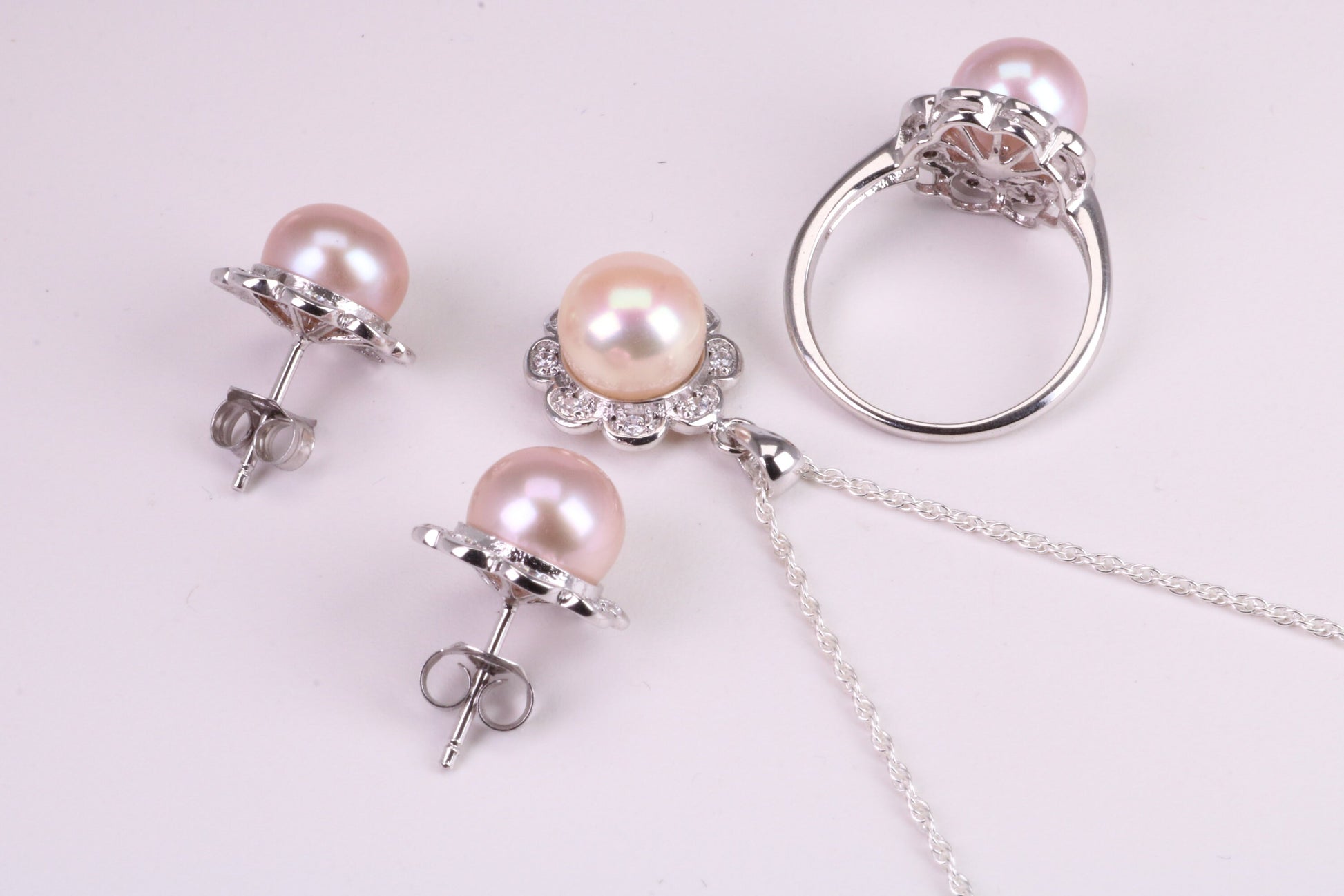 Natural Pearl and Cubic Zirconia set Necklace, Ring and Matching Earrings, set in Solid Silver