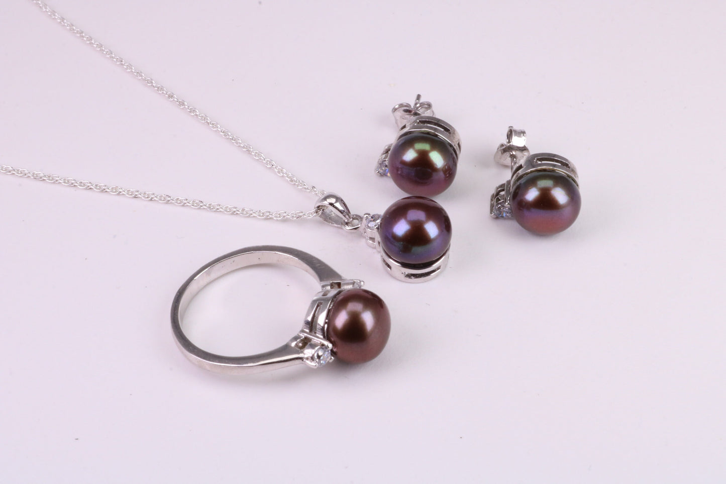 Natural Black Pearl and Cubic Zirconia set Necklace, Ring and Matching Earrings, set in Solid Silver