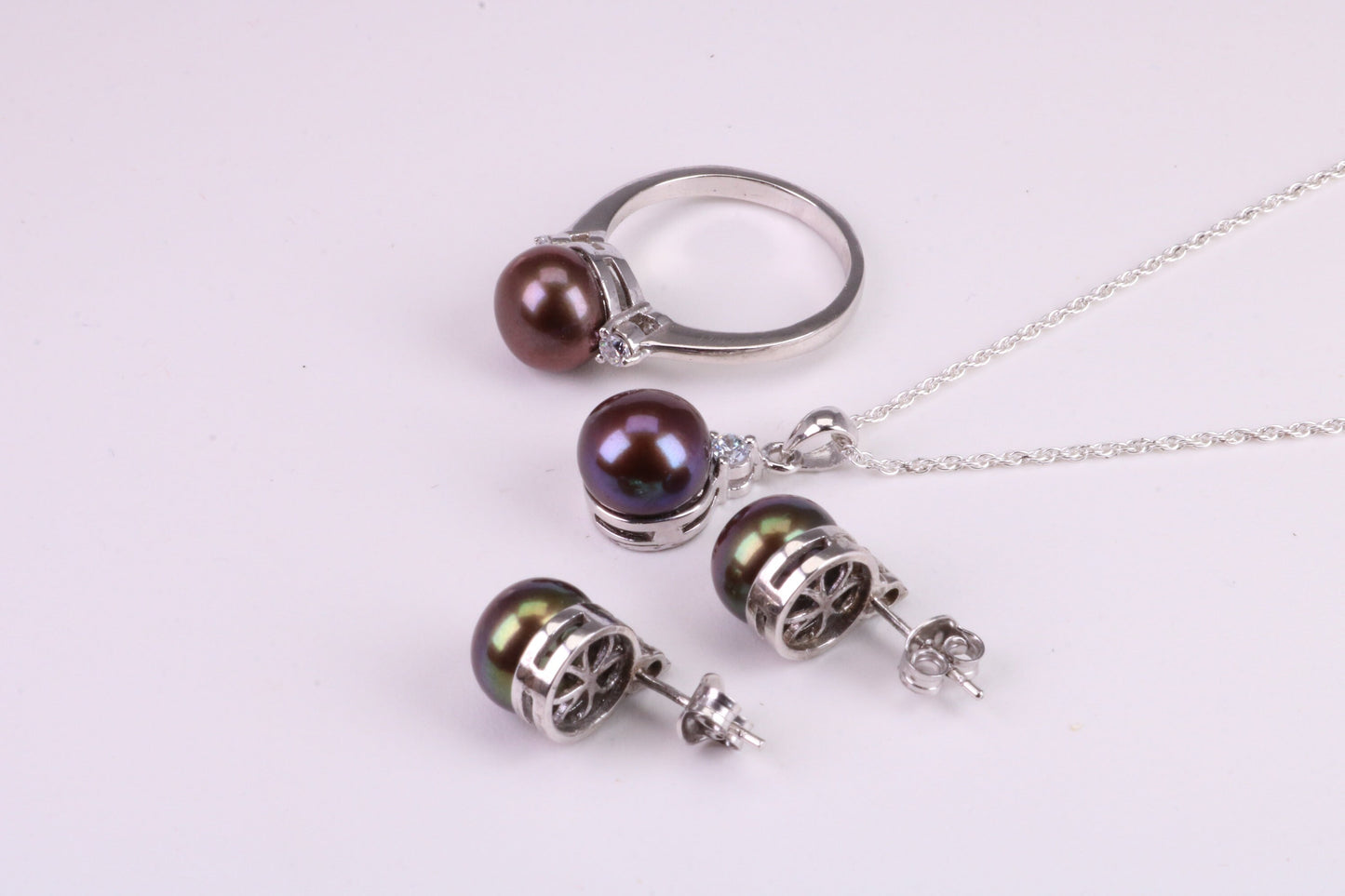 Natural Black Pearl and Cubic Zirconia set Necklace, Ring and Matching Earrings, set in Solid Silver