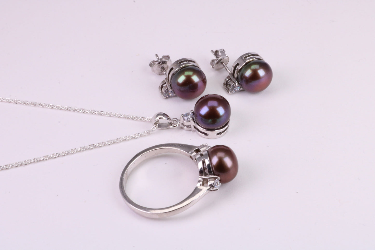 Natural Black Pearl and Cubic Zirconia set Necklace, Ring and Matching Earrings, set in Solid Silver