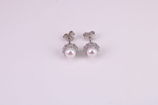 Dainty 8 mm Round Natural Pearl and Cubic Zirconia set Stud Earrings, set in Solid Silver