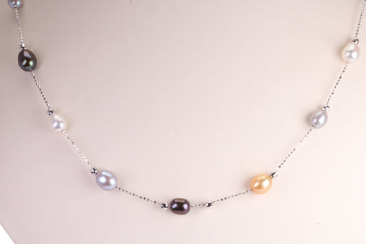 20 Inches Long Multi Coloured Natural Pearl Necklace set in Solid Silver, Length Adjustable Chain