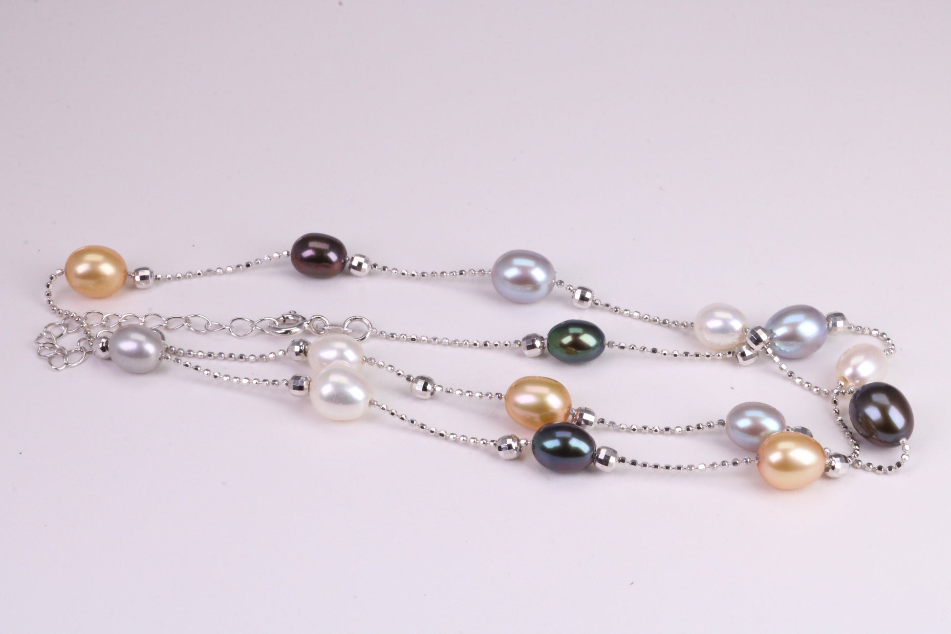 20 Inches Long Multi Coloured Natural Pearl Necklace set in Solid Silver, Length Adjustable Chain