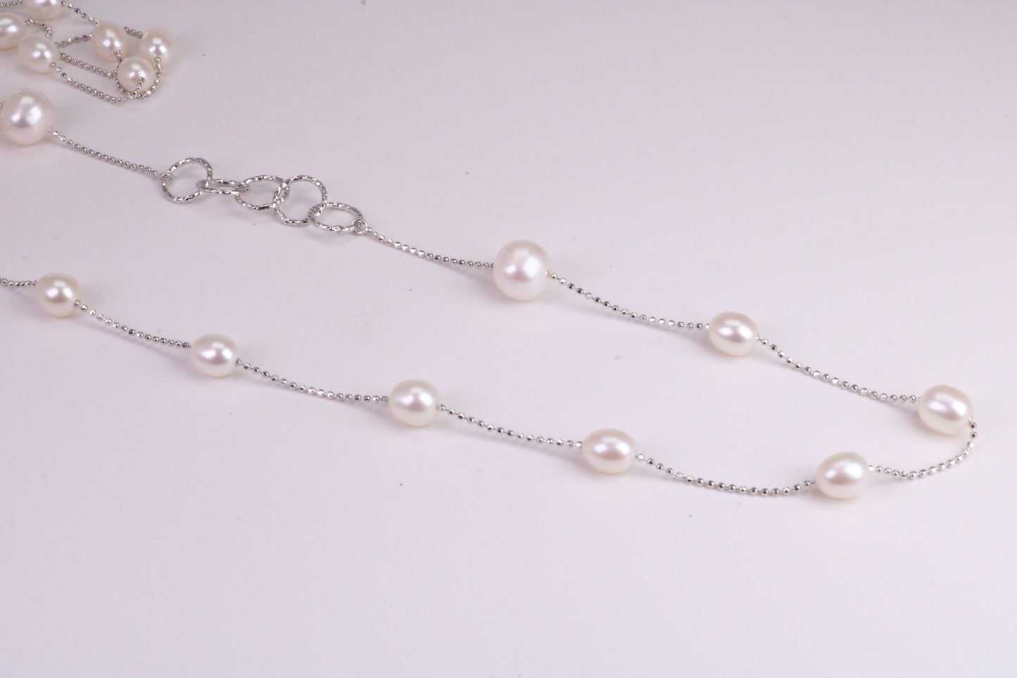 44 Inches Long Natural Pearl Necklace set in Solid Silver