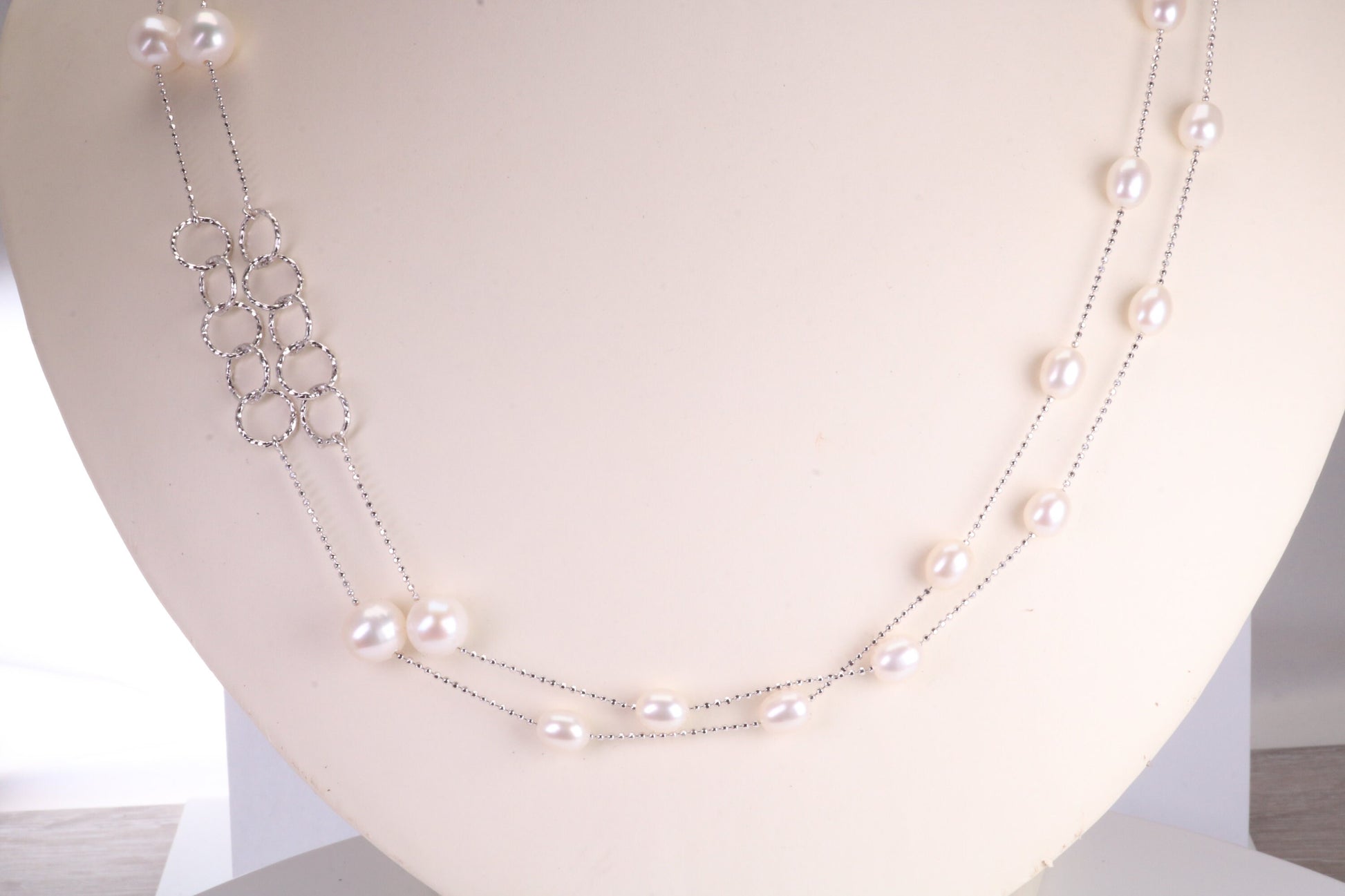 44 Inches Long Natural Pearl Necklace set in Solid Silver