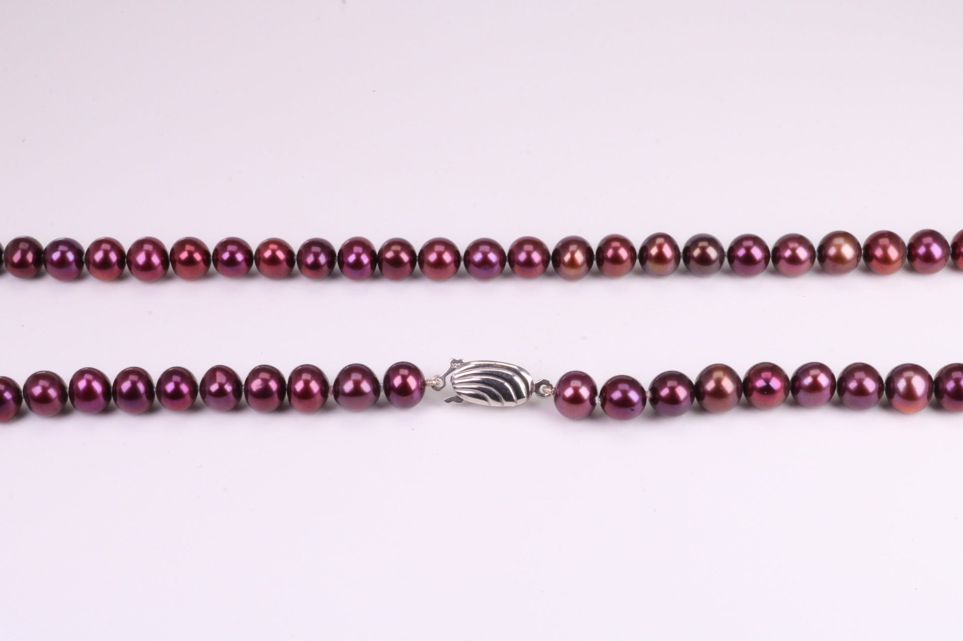 18 Inches Long Aubergine Coloured Natural Pearl Necklace set in Solid Silver Clasp