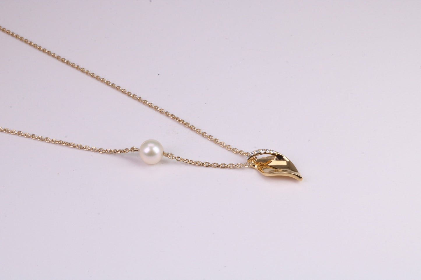 Natural Pearl and Cubic Zirconia set Necklace set in Solid Silver, 18ct Yellow Gold Plated, Length Adjustable Chain