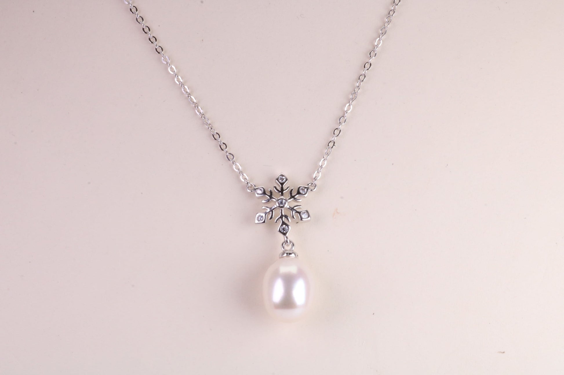 Natural Pearl and Cubic Zirconia set Necklace set in Solid Silver, 18ct Yellow Gold Plated, Length Adjustable Chain