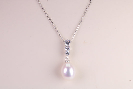 Natural Pearl and Cubic Zirconia set Necklace set in Solid Silver, 18ct Yellow Gold Plated, Length Adjustable Chain