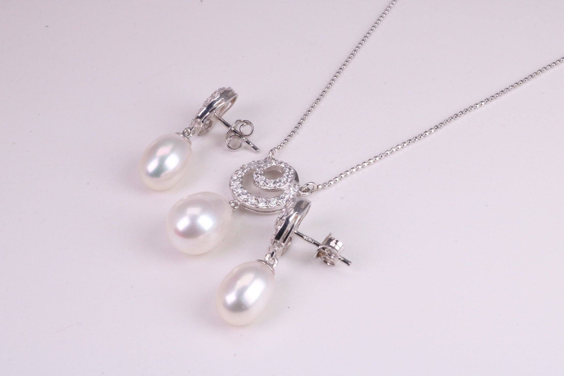 Natural Pearl and Cubic Zirconia set Necklace and Matching Earrings, set in Solid Silver, Length Adjustable Chain