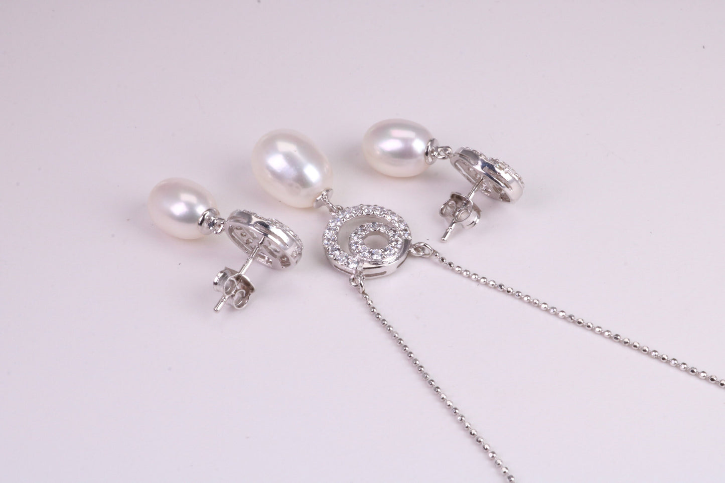 Natural Pearl and Cubic Zirconia set Necklace and Matching Earrings, set in Solid Silver, Length Adjustable Chain