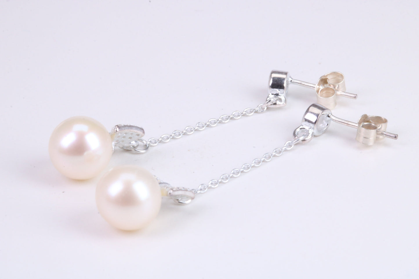 45 mm Long Natural Pearl and Cubic Zirconia set Dropper Earrings, set in Solid Silver