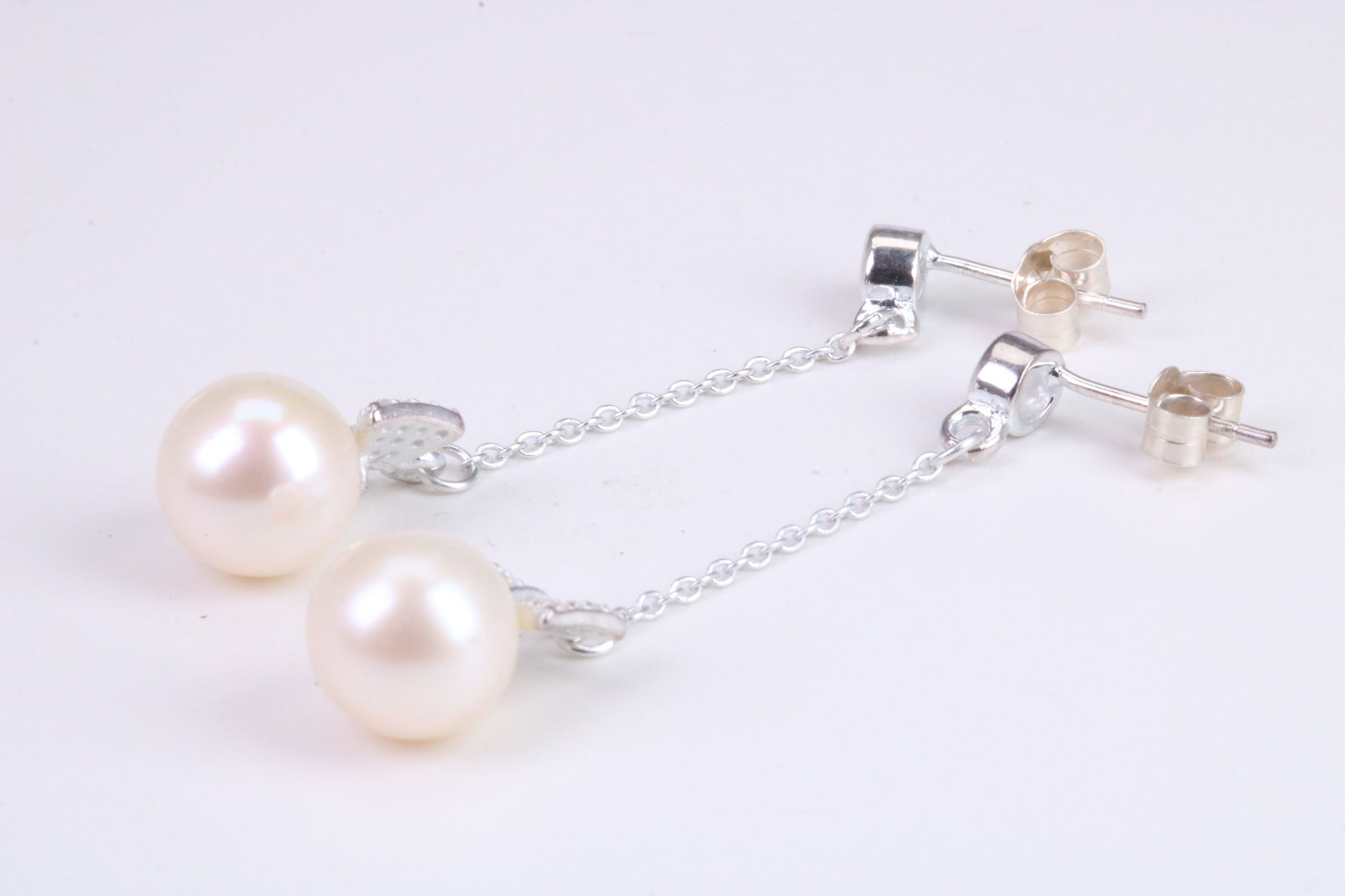 45 mm Long Natural Pearl and Cubic Zirconia set Dropper Earrings, set in Solid Silver