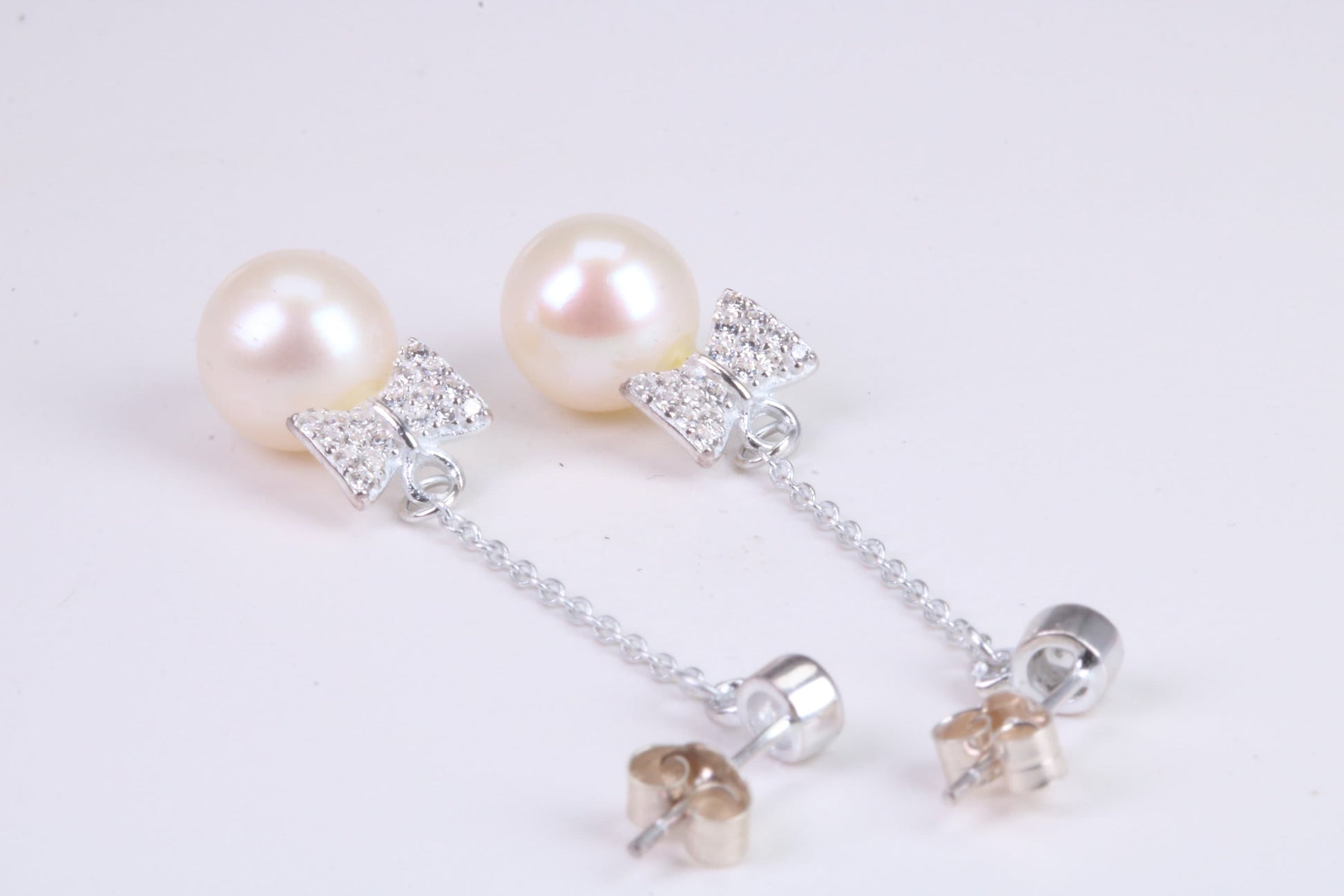 45 mm Long Natural Pearl and Cubic Zirconia set Dropper Earrings, set in Solid Silver