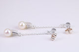 40 mm Long Natural Pearl and Cubic Zirconia set Dropper Earrings, set in Solid Silver