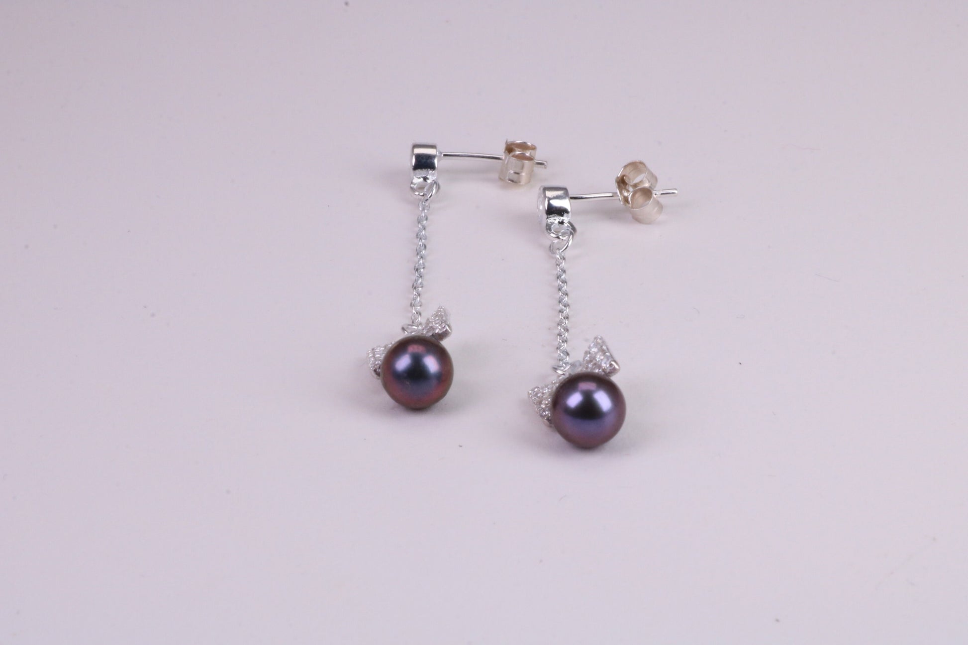 40 mm Long Natural Pearl and Cubic Zirconia set Dropper Earrings, set in Solid Silver