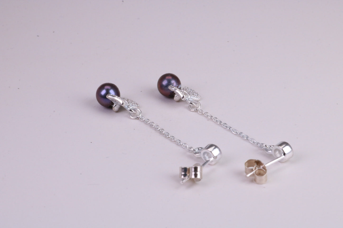 40 mm Long Natural Pearl and Cubic Zirconia set Dropper Earrings, set in Solid Silver