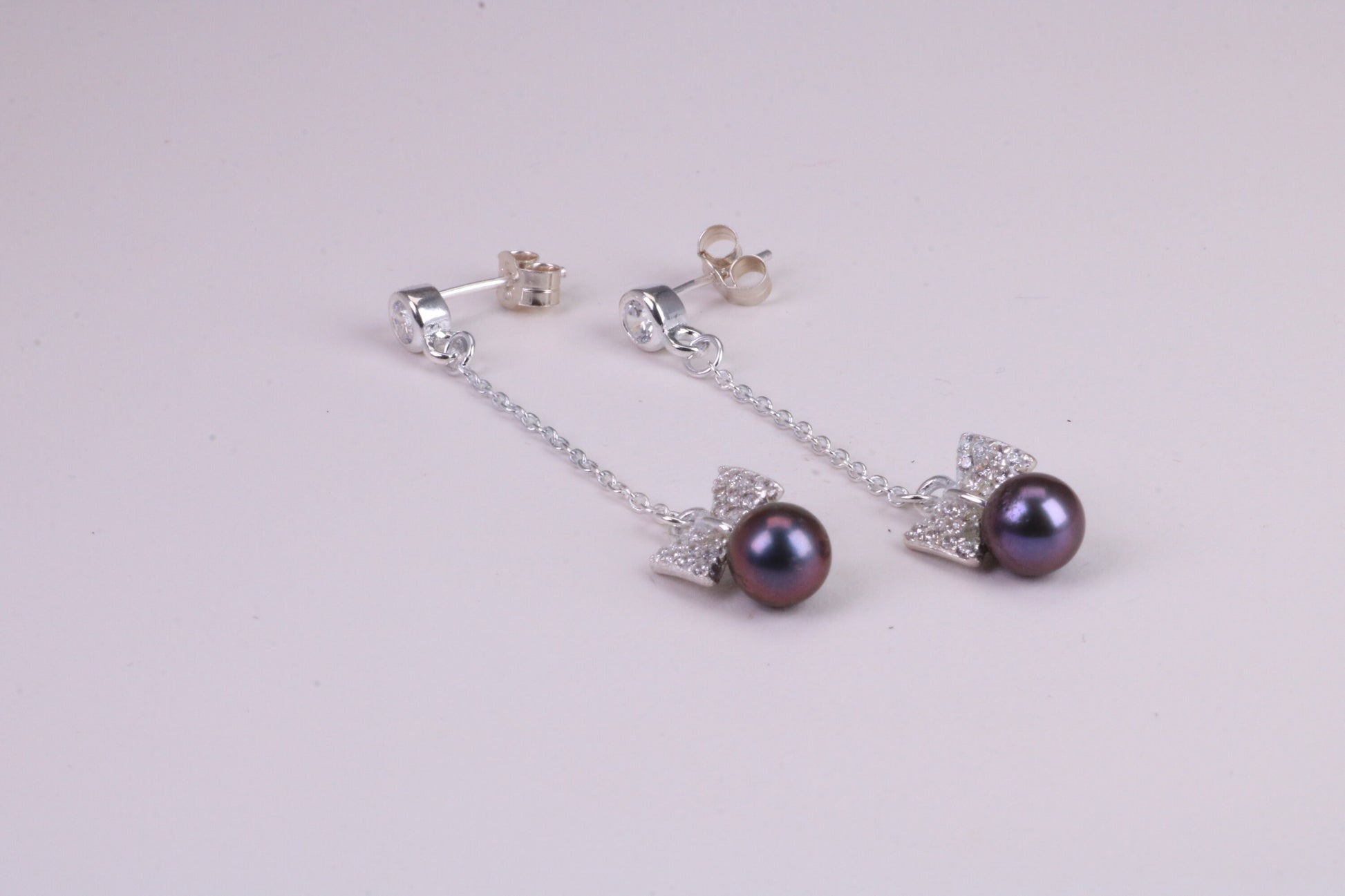 40 mm Long Natural Pearl and Cubic Zirconia set Dropper Earrings, set in Solid Silver