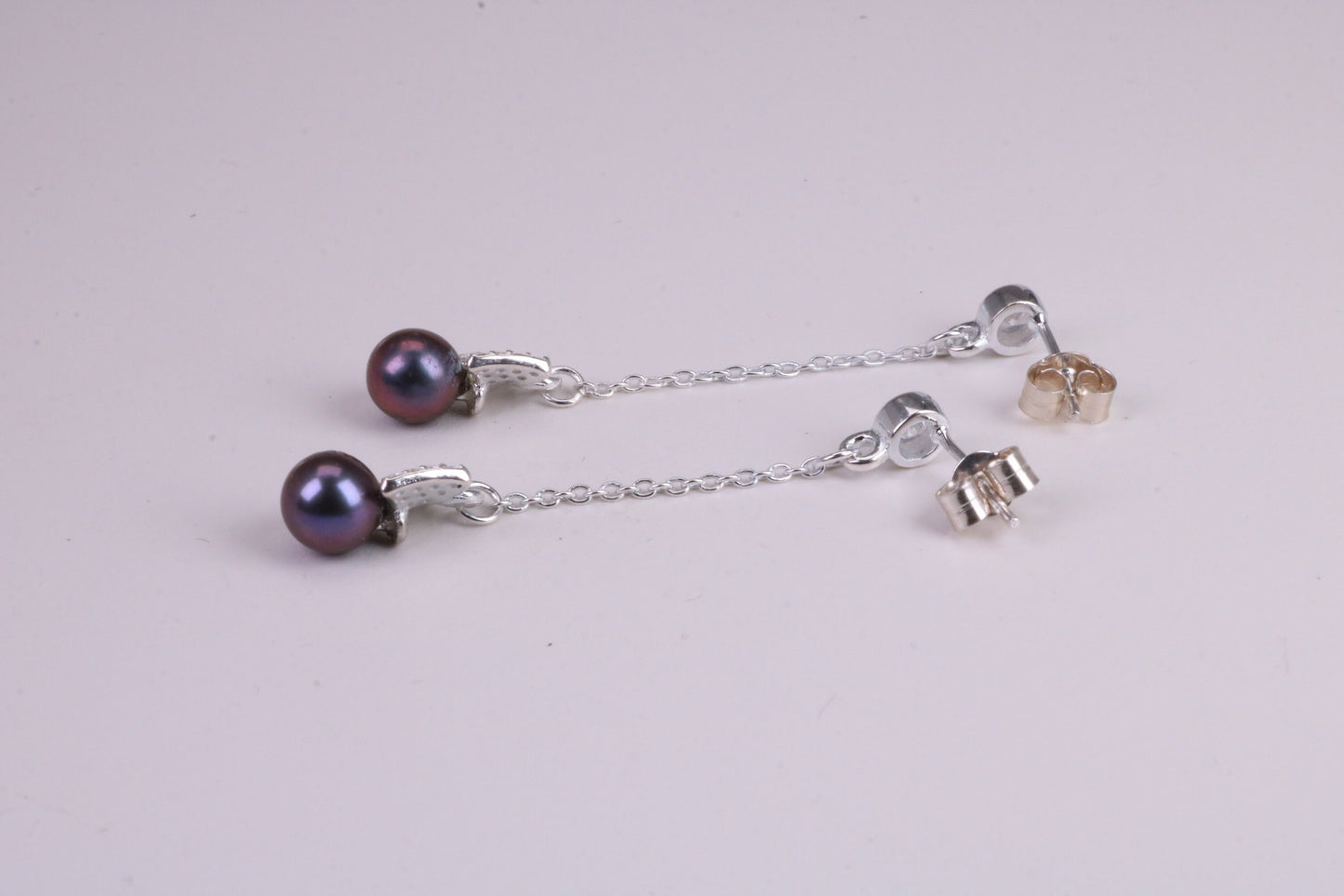 40 mm Long Natural Pearl and Cubic Zirconia set Dropper Earrings, set in Solid Silver