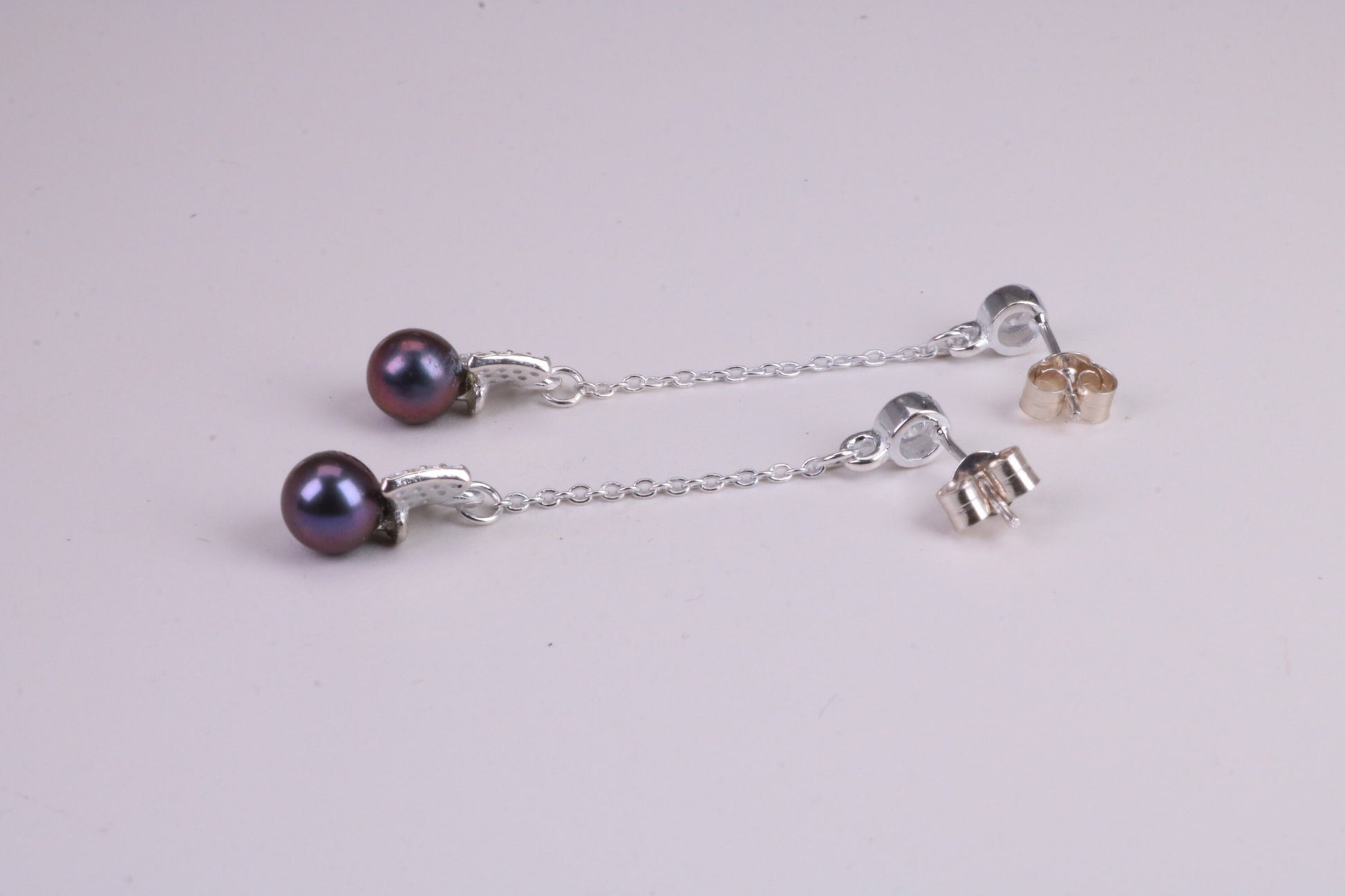 40 mm Long Natural Pearl and Cubic Zirconia set Dropper Earrings, set in Solid Silver