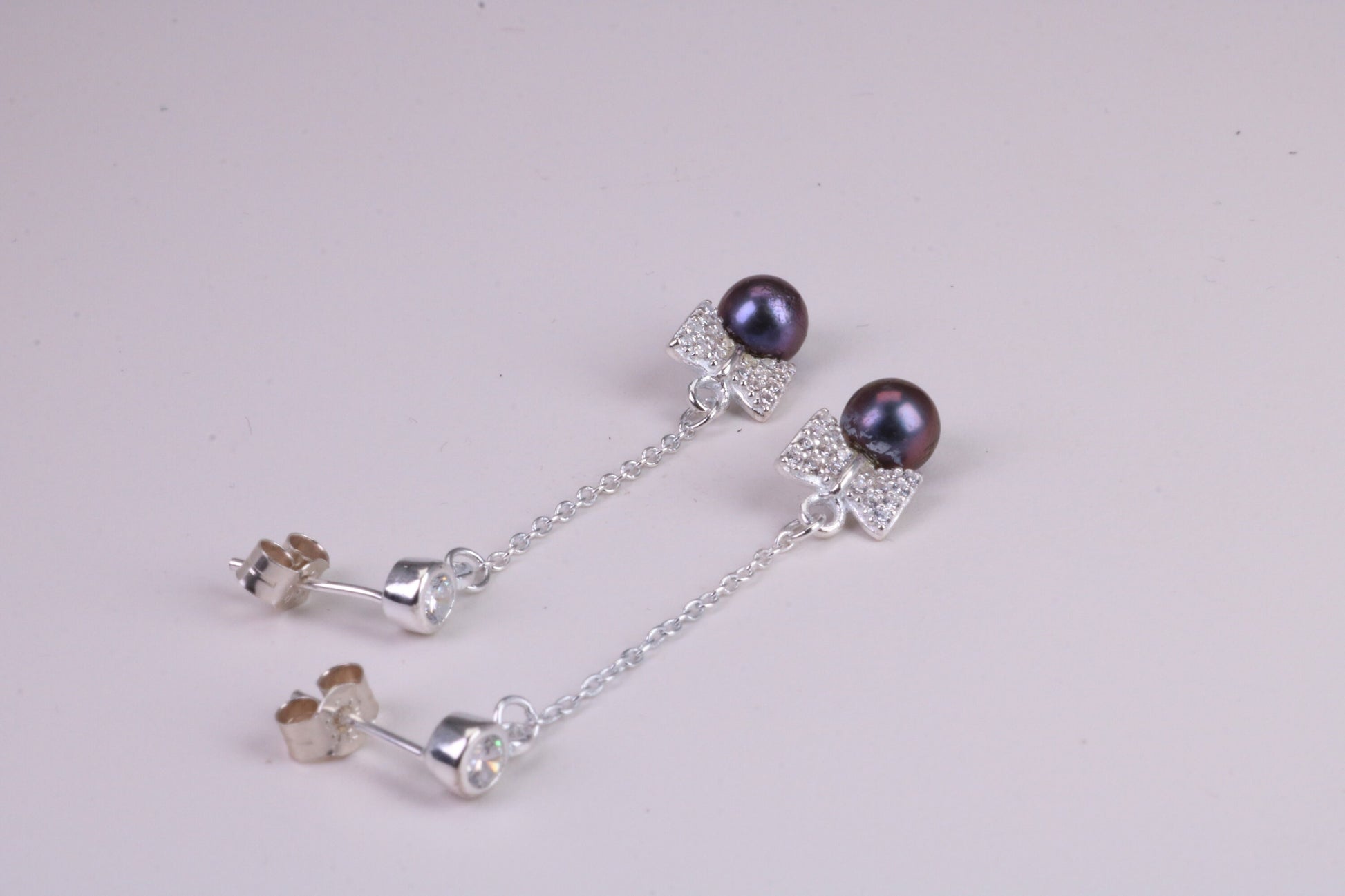 40 mm Long Natural Pearl and Cubic Zirconia set Dropper Earrings, set in Solid Silver