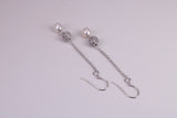 45 mm Long Natural Pearl and Cubic Zirconia set Dropper Earrings, set in Solid Silver