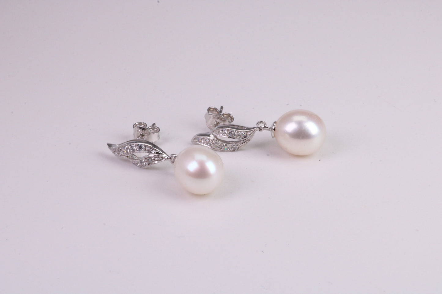 30 mm Long Natural Pearl and Cubic Zirconia set Dropper Earrings, set in Solid Silver