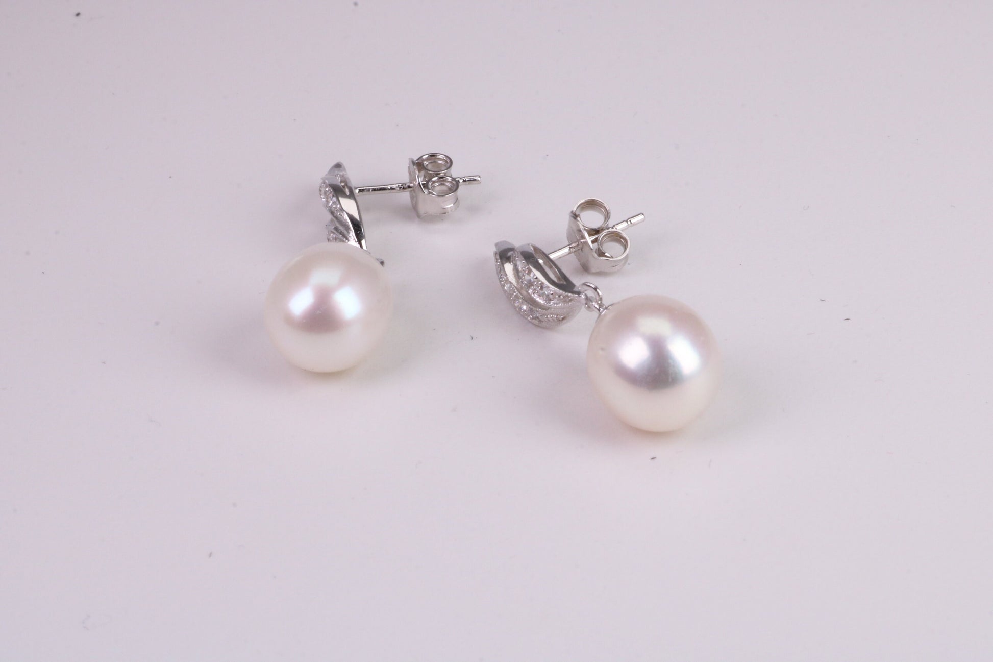 30 mm Long Natural Pearl and Cubic Zirconia set Dropper Earrings, set in Solid Silver