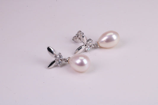 26 mm Long Natural Pearl and Cubic Zirconia set Dropper Earrings, set in Solid Silver