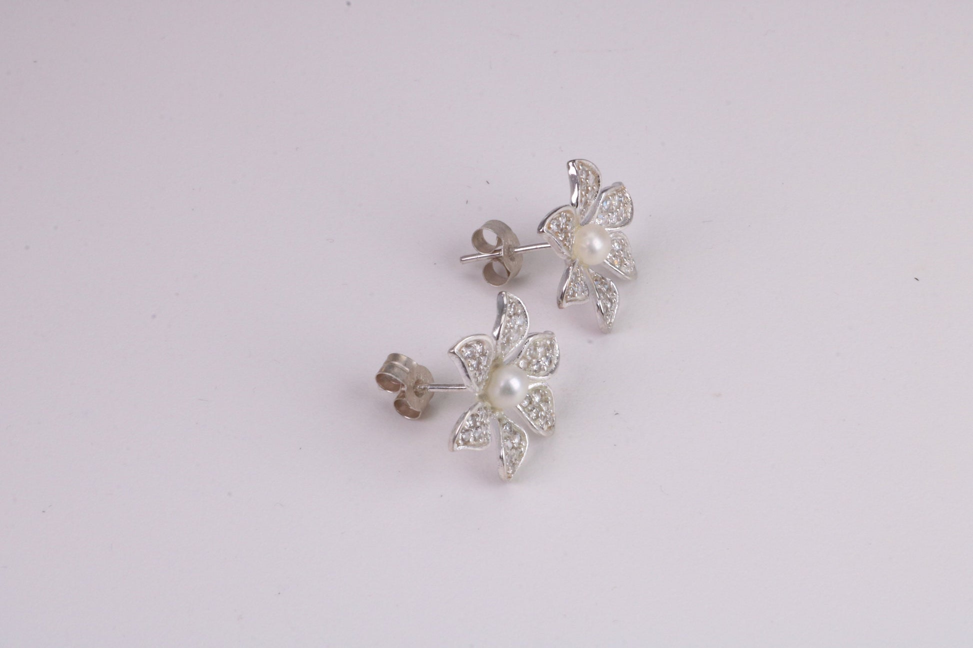 28 mm Round Natural Pearl and Cubic Zirconia set Stud Earrings, set in Solid Silver