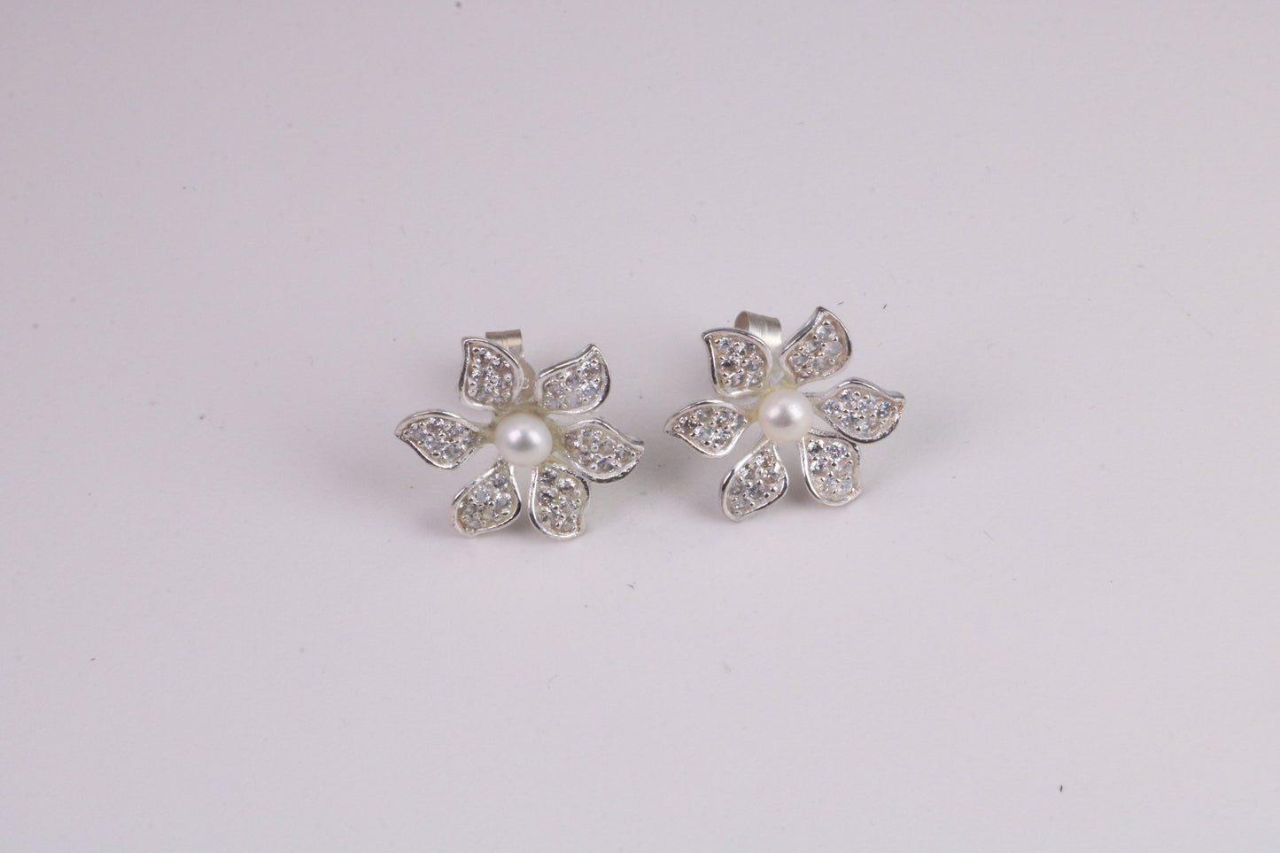 28 mm Round Natural Pearl and Cubic Zirconia set Stud Earrings, set in Solid Silver