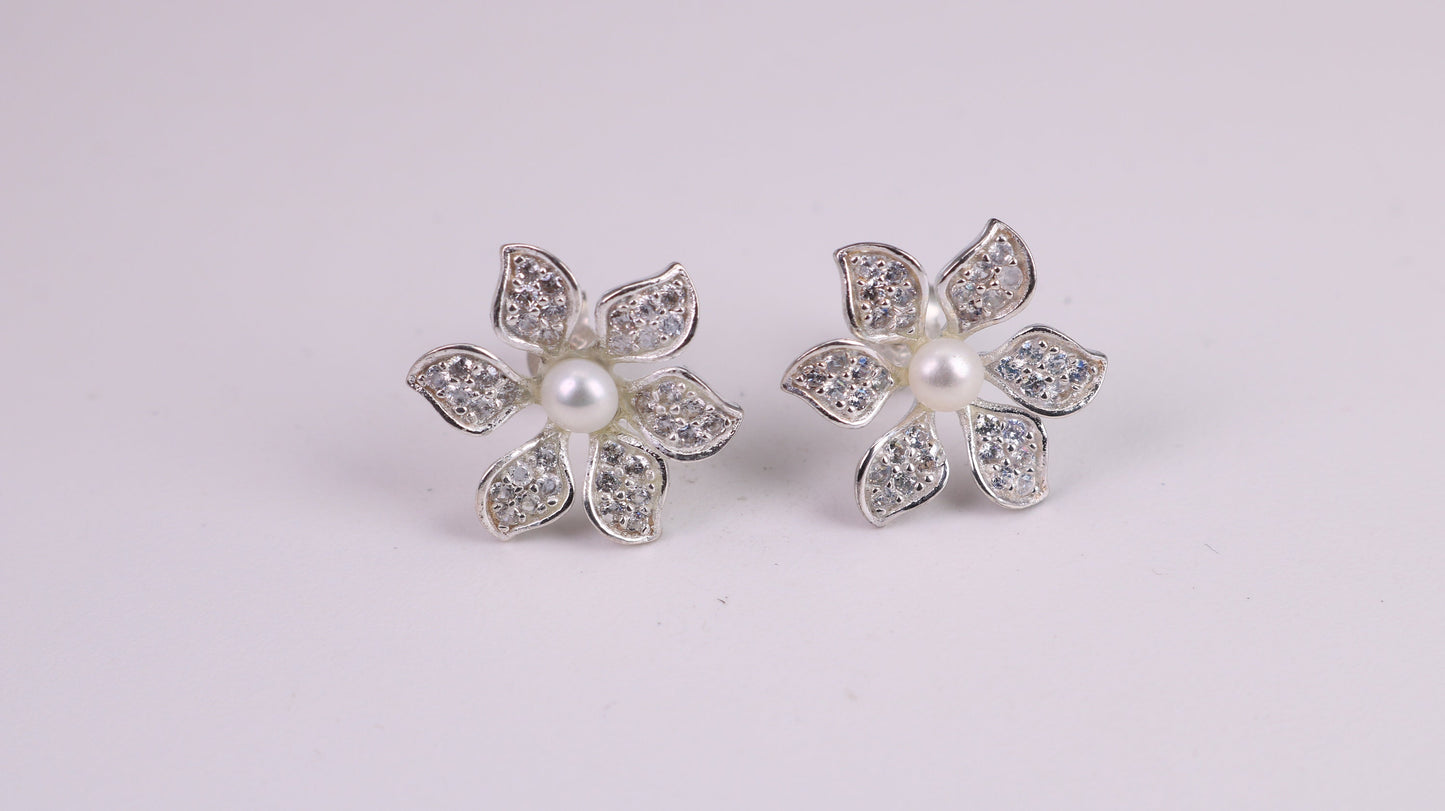 28 mm Round Natural Pearl and Cubic Zirconia set Stud Earrings, set in Solid Silver