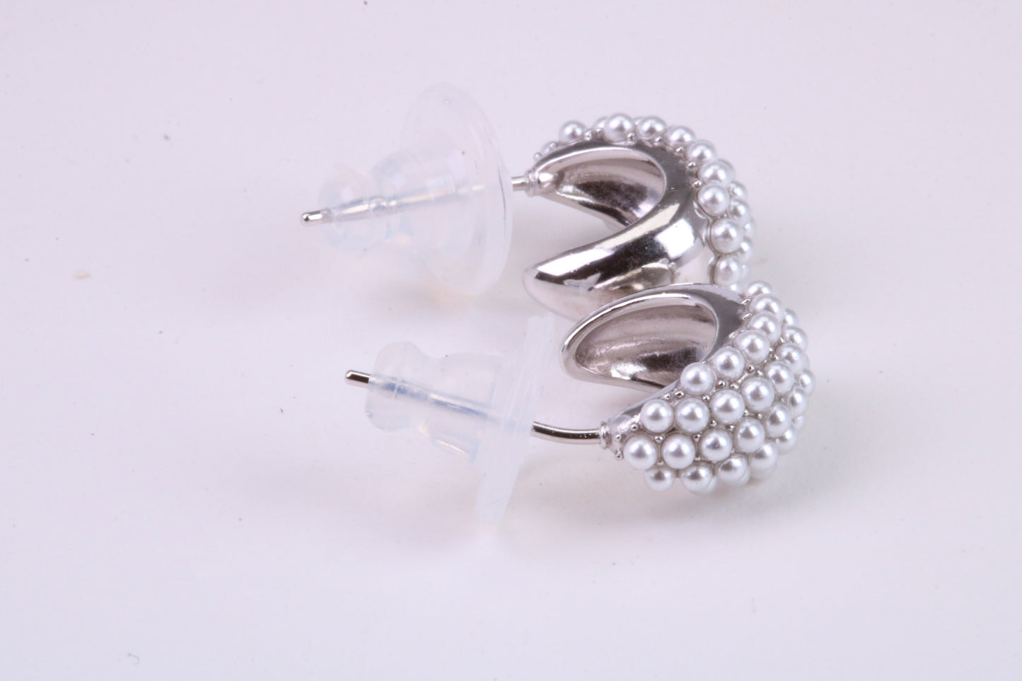 Natural Pearl set Half Hoop Stud Earrings, set in Solid Silver