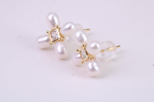 Natural Rice Pearl and Cubic Zirconia set Stud Earrings, set in Solid Silver, 18ct Yellow Gold Pated