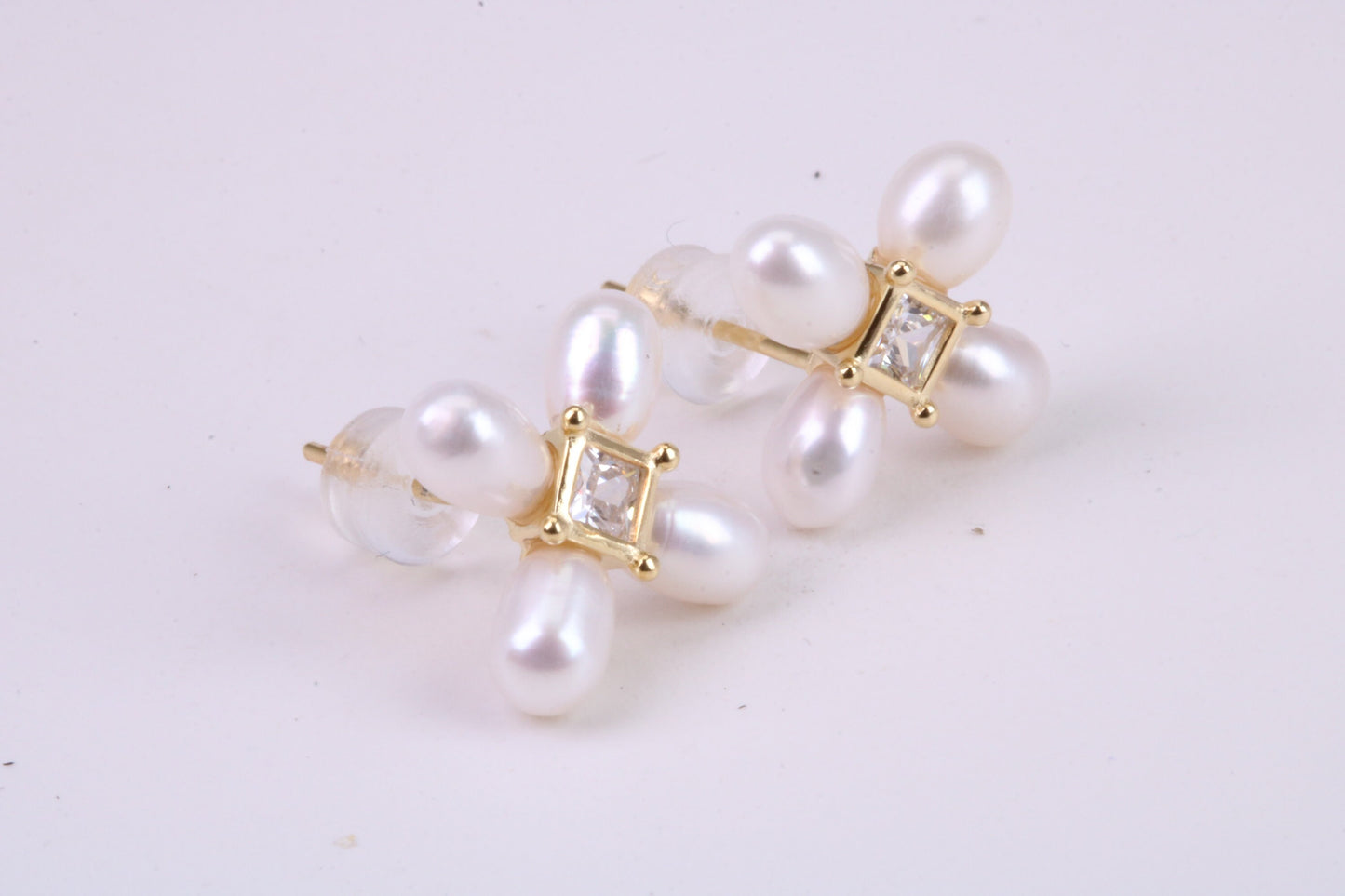 Natural Rice Pearl and Cubic Zirconia set Stud Earrings, set in Solid Silver, 18ct Yellow Gold Pated