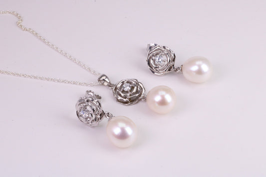Natural Pearl and Cubic Zirconia set Necklace and Matching Earrings, set in Solid Silver, Length Adjustable Chain