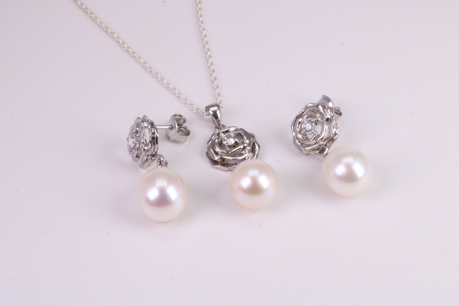 Natural Pearl and Cubic Zirconia set Necklace and Matching Earrings, set in Solid Silver, Length Adjustable Chain