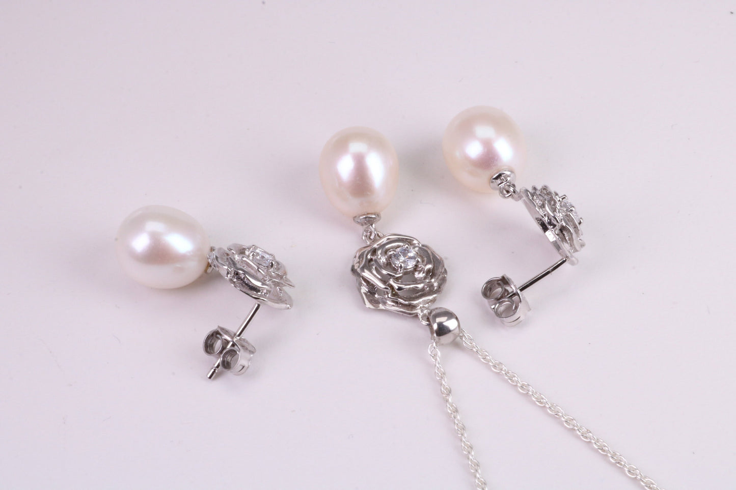 Natural Pearl and Cubic Zirconia set Necklace and Matching Earrings, set in Solid Silver, Length Adjustable Chain