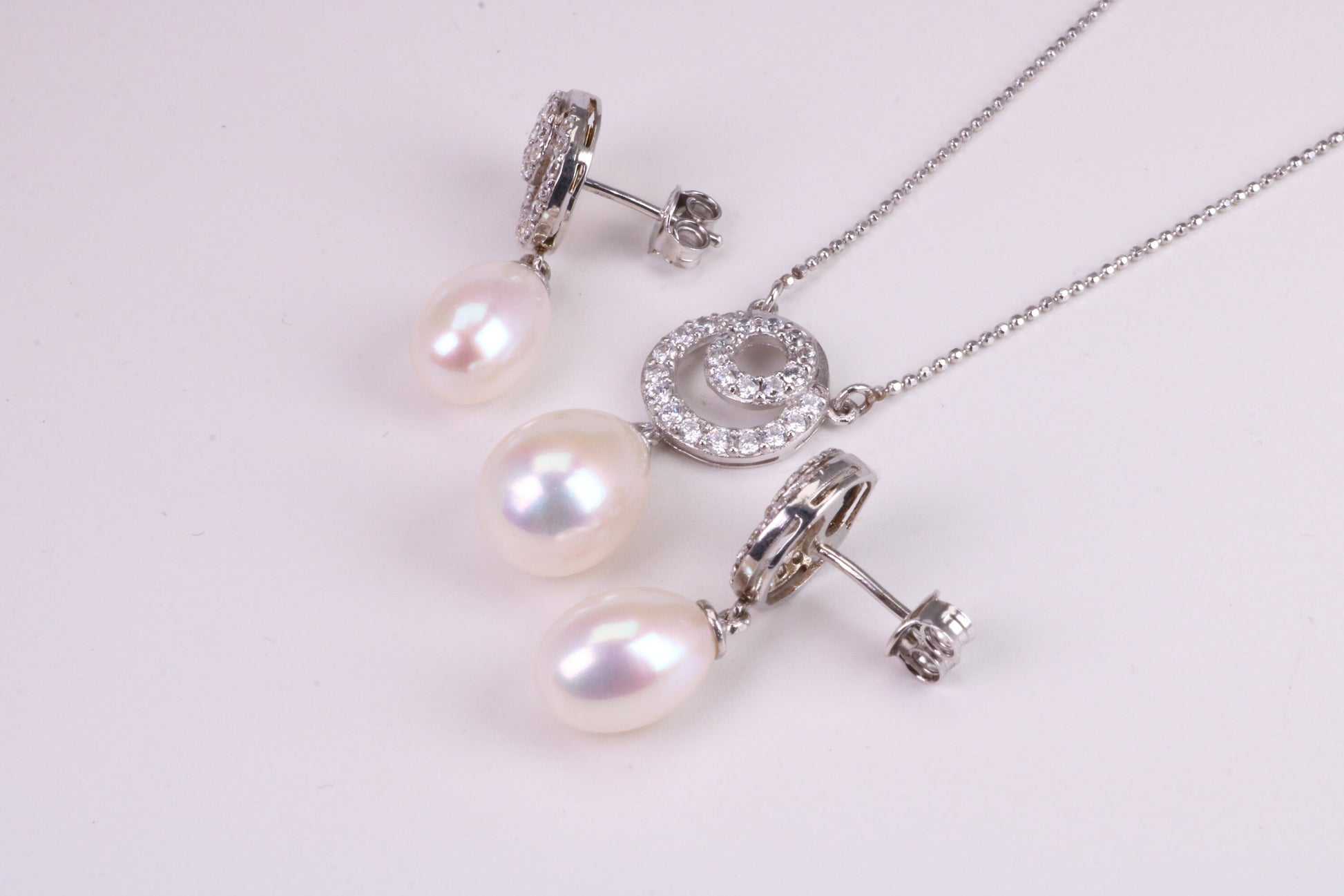 Natural Pearl and Cubic Zirconia set Necklace and Matching Earrings, set in Solid Silver, Length Adjustable Chain