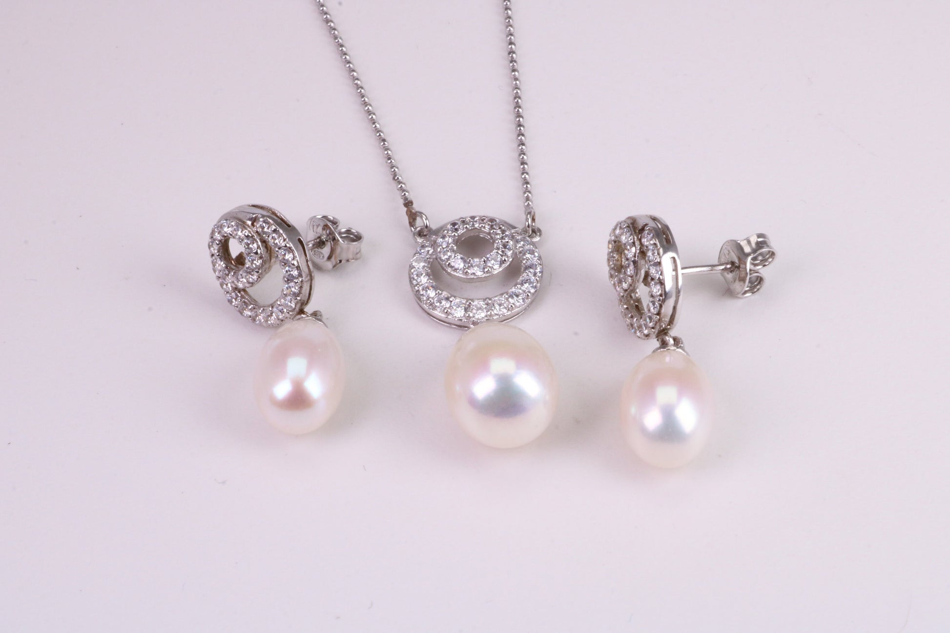 Natural Pearl and Cubic Zirconia set Necklace and Matching Earrings, set in Solid Silver, Length Adjustable Chain