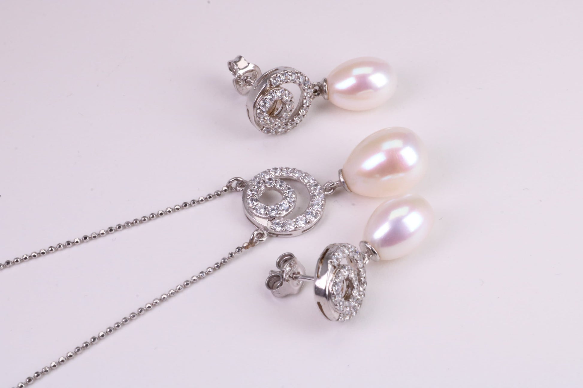 Natural Pearl and Cubic Zirconia set Necklace and Matching Earrings, set in Solid Silver, Length Adjustable Chain