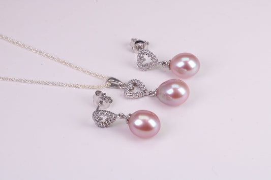 Natural Pearl and Cubic Zirconia set Necklace and Matching Earrings, set in Solid Silver