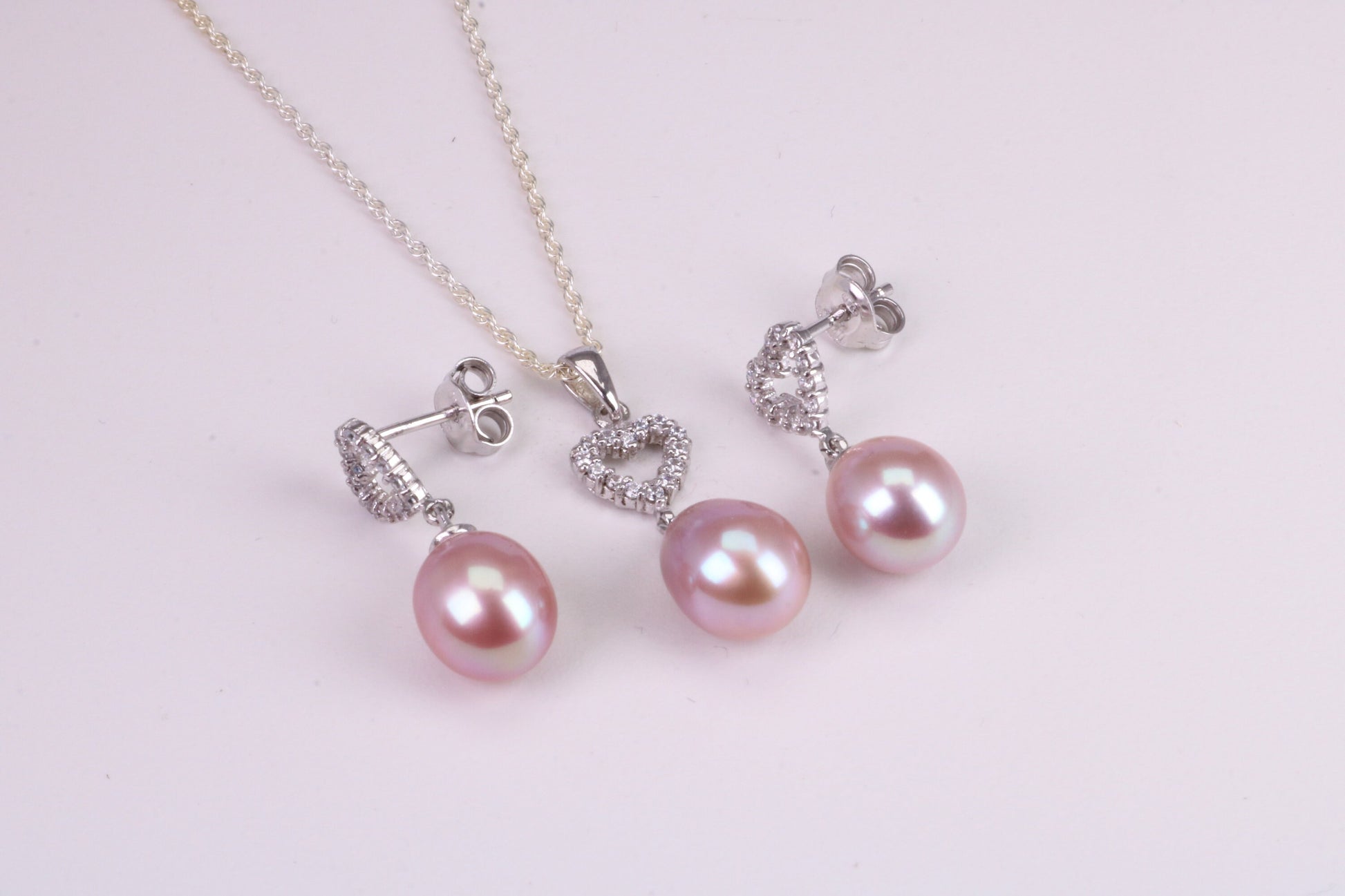 Natural Pearl and Cubic Zirconia set Necklace and Matching Earrings, set in Solid Silver