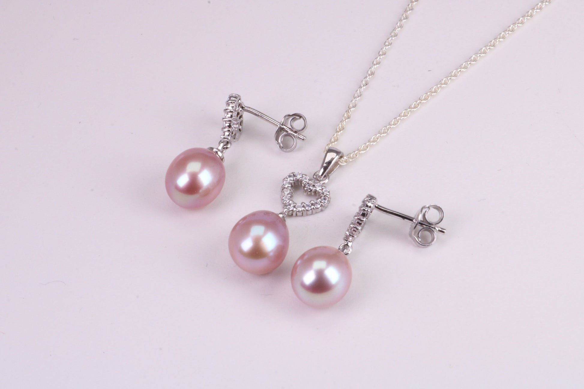 Natural Pearl and Cubic Zirconia set Necklace and Matching Earrings, set in Solid Silver