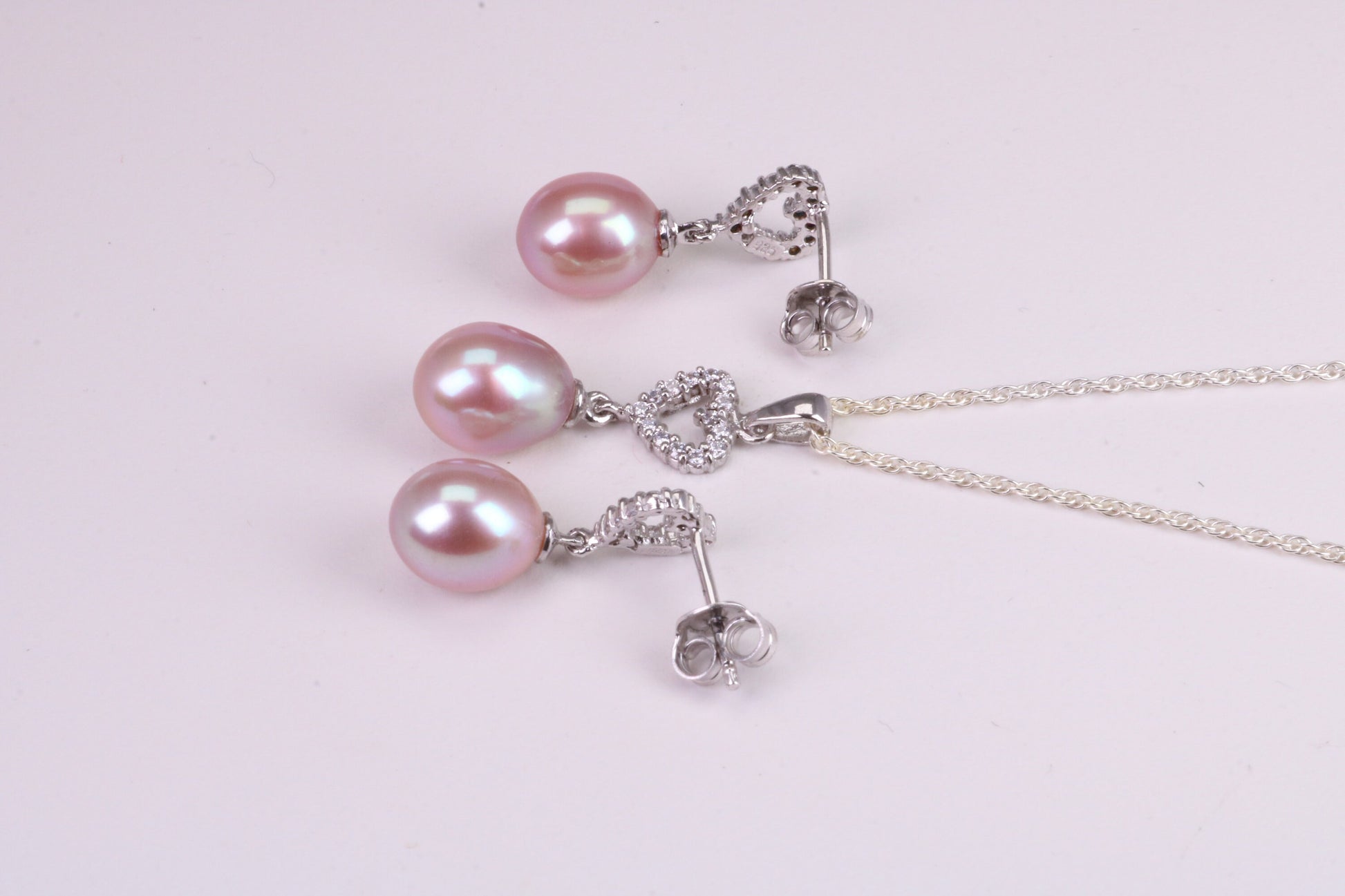 Natural Pearl and Cubic Zirconia set Necklace and Matching Earrings, set in Solid Silver