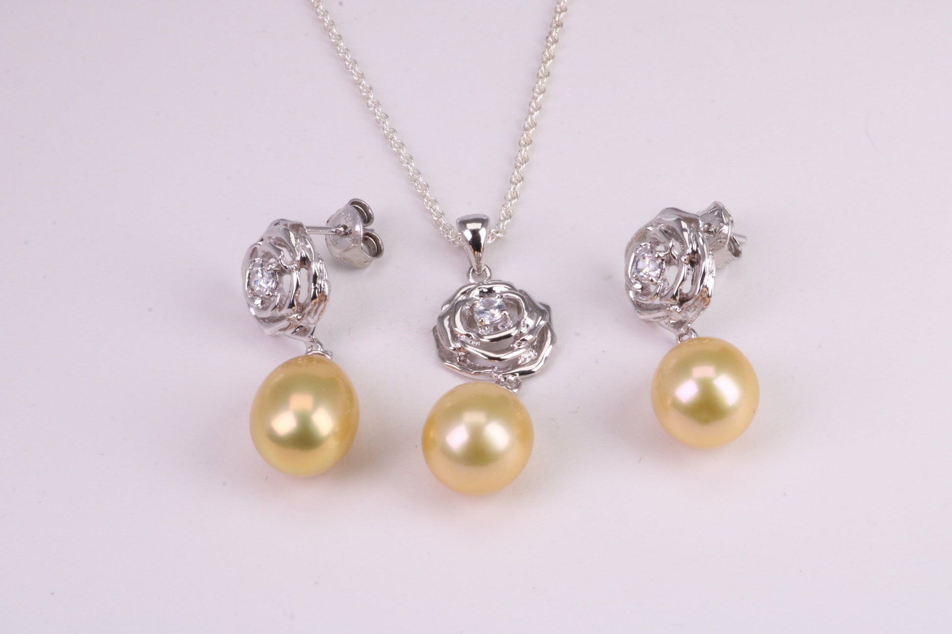 Natural Pearl and Cubic Zirconia set Necklace and Matching Earrings, set in Solid Silver