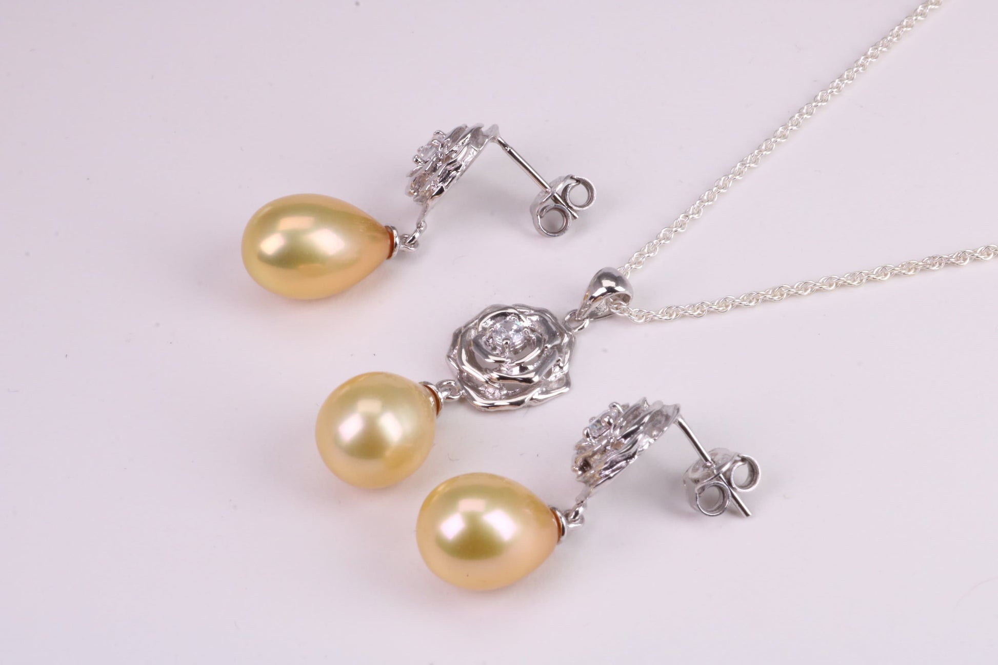Natural Pearl and Cubic Zirconia set Necklace and Matching Earrings, set in Solid Silver