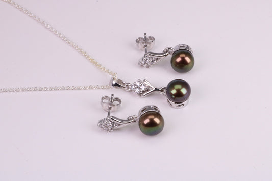 Natural Aubergine Coloured Pearl and Cubic Zirconia set Necklace and Matching Earrings, set in Solid Silver